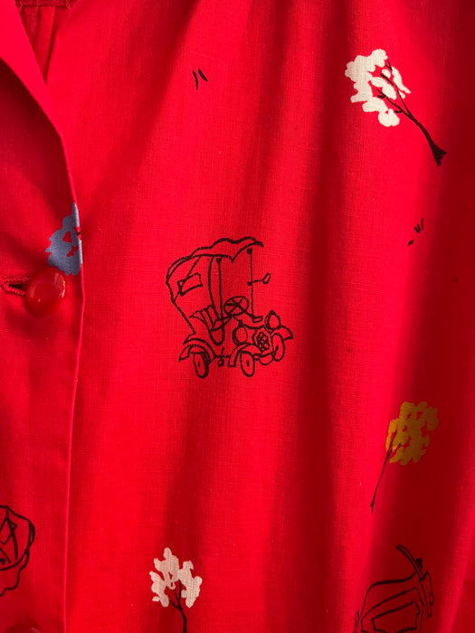 Vintage 1950's Cherry Red Model T Novelty Print Cotton Shirt Waist Dress / M