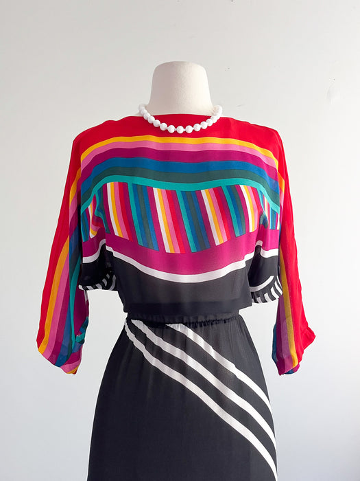 1980's Geometric Striped Sheer Day Dress / Sz M/L