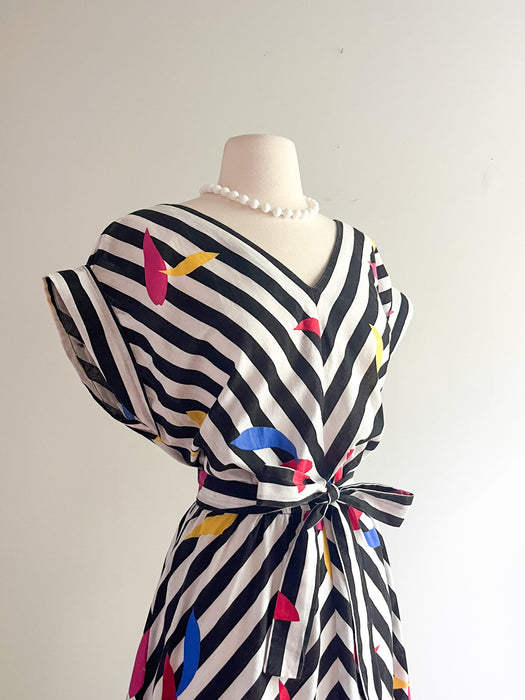 Bold 1980's Chevron Stripe Cotton Day Dress / Sz M/L