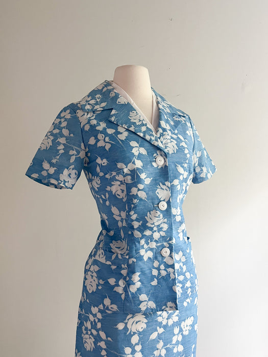 1960's Bouquet Blue and Ivory Rose Printed Set / Sz XS/S