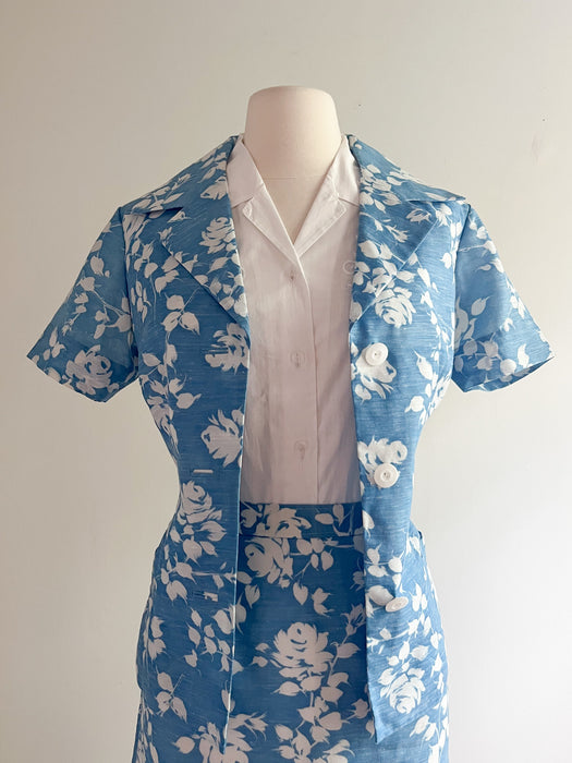 1960's Bouquet Blue and Ivory Rose Printed Set / Sz XS/S