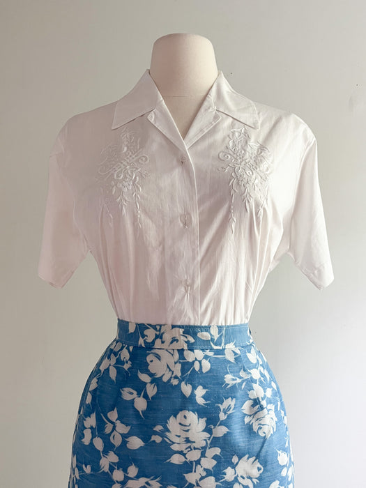 1960's Bouquet Blue and Ivory Rose Printed Set / Sz XS/S