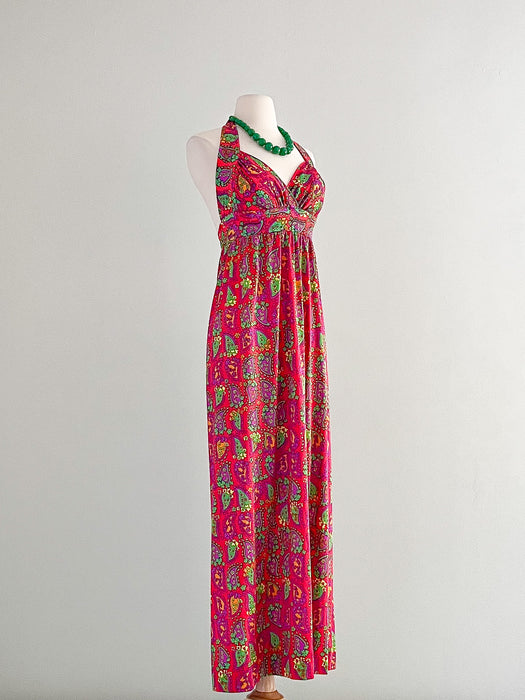 1970's Red Hot Paisley Floral Halter Maxi Dress / Sz S