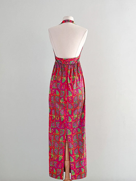 1970's Red Hot Paisley Floral Halter Maxi Dress / Sz S