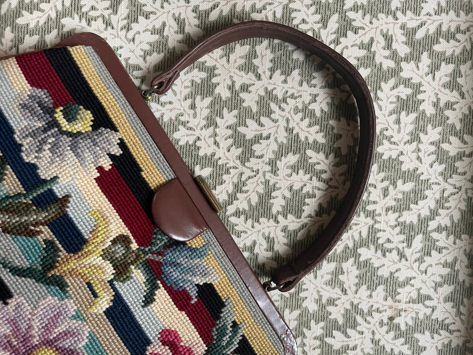 Fabulous Oversized Vintage 1960's Striped Floral Needlepoint Handbag