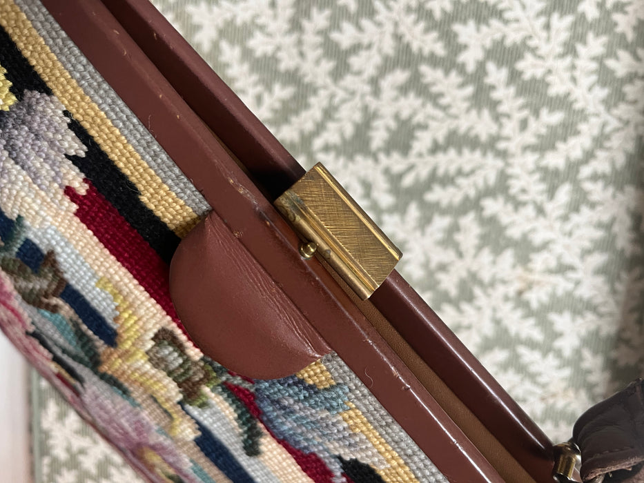 Fabulous Oversized Vintage 1960's Striped Floral Needlepoint Handbag