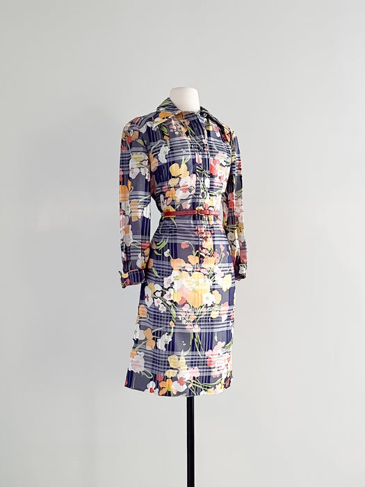Fabulous 1960's Floral & Plaid Day Dress By Casi / Sz L