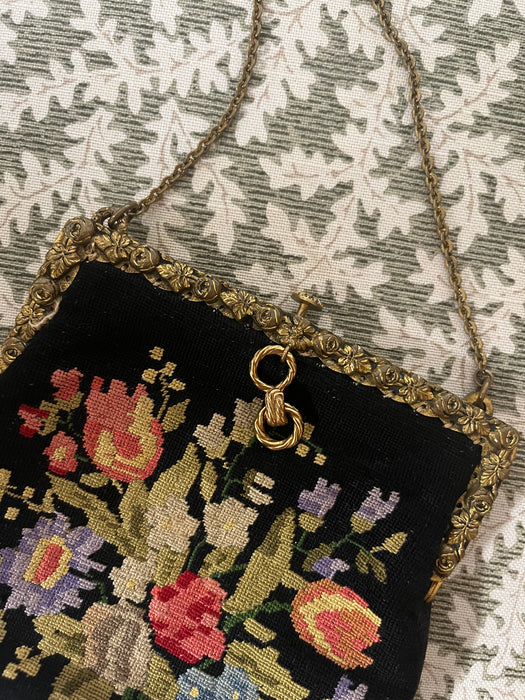 Vintage 1950's Midnight Floral Needlepoint Evening Bag by Christine Custom Bags