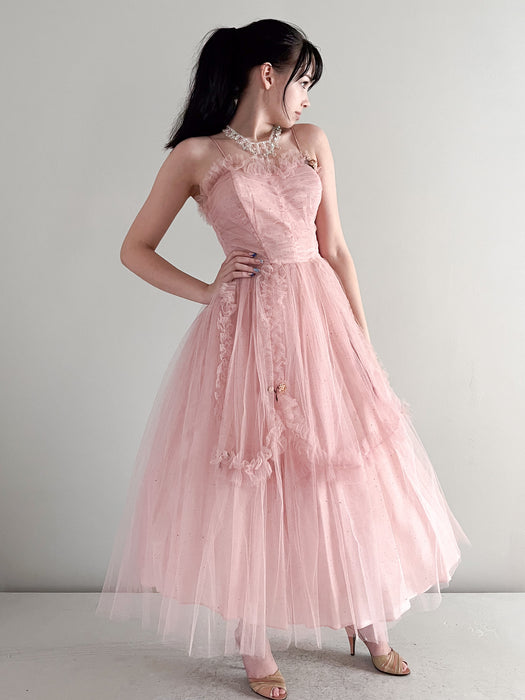 Beautiful 1950's Blush Pink Tulle Prom Dress / Sz XS