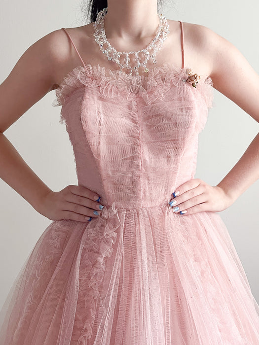 Beautiful 1950's Blush Pink Tulle Prom Dress / Sz XS