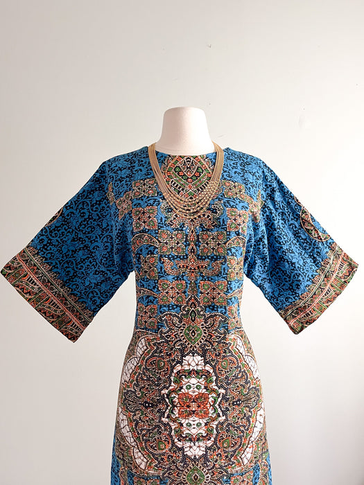 Amazing 1970's Turquoise & Coral Batik Kaftan Dress / Sz M