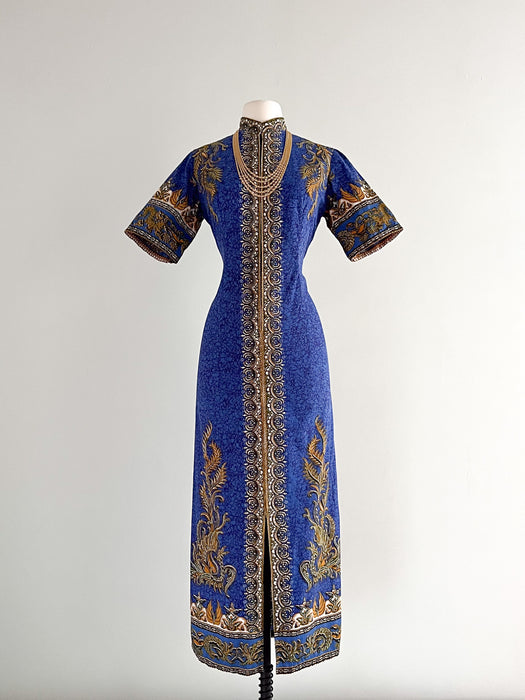 Incredible 1970's Cobalt Blue & Gold Batik Kaftan Dress / Sz M Xtabay Vintage Incredible 1970's Cobalt Blue & Gold Batik Kaftan Dress / Sz M Xtabay Vintage
