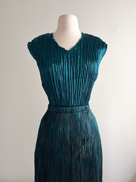 Incredible 1990's Deep Teal and Gold Pleated Set / Sz OS