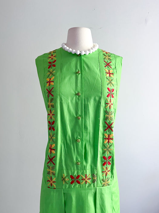 Amazing 1960's Lime Green Embroidered Summer Shift / Sz M