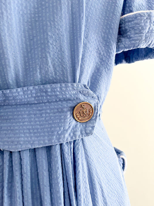 Classic 1940's Blue Cotton Seersucker Nautical Dressing Gown / Sz Small Medium