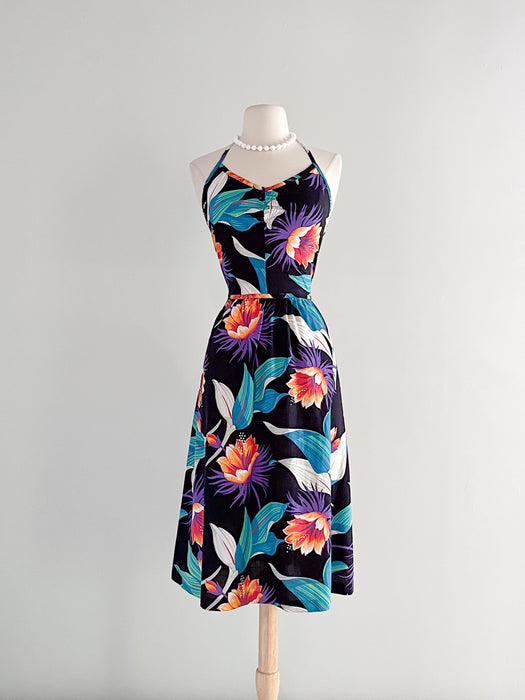 Late 1970's Exotic Midnight Floral Halter Dress / Sz M