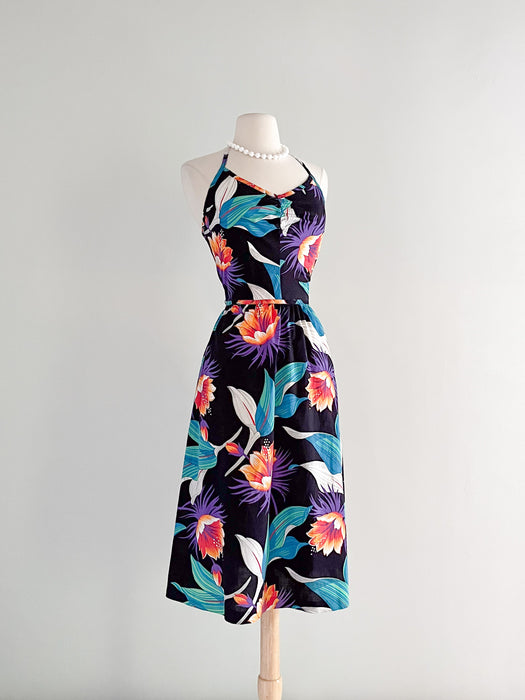 Late 1970's Exotic Midnight Floral Halter Dress / Sz M
