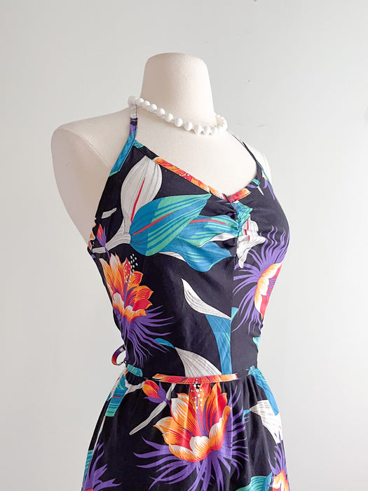 Late 1970's Exotic Midnight Floral Halter Dress / Sz M