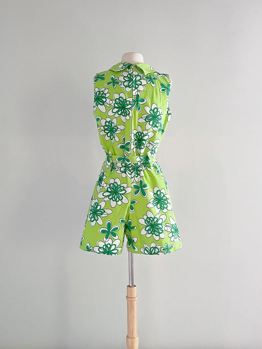Coolest 1960's Mod Green Floral Print Romper / Sz M