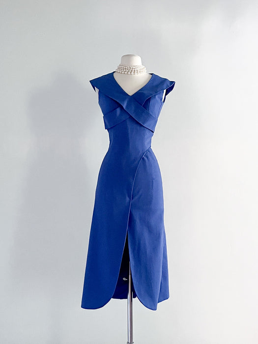 Incredible 1980's Blue Linen Cut-out Dress / Sz M