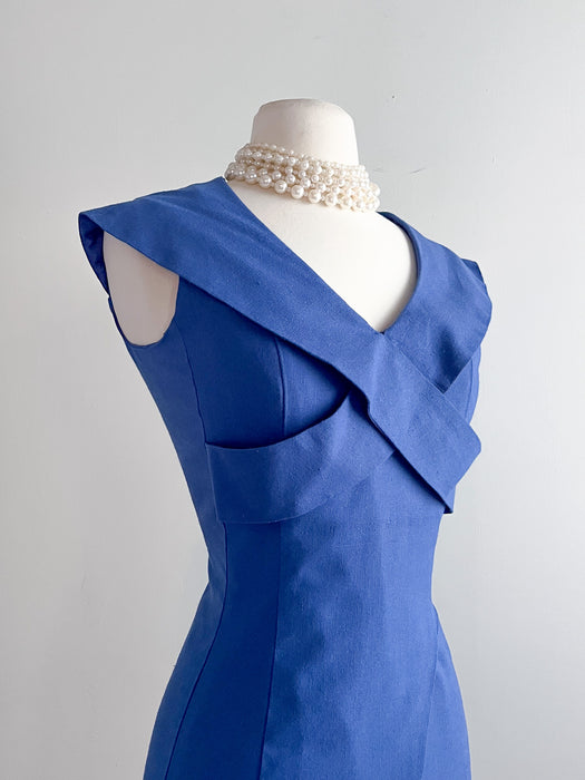 Incredible 1980's Blue Linen Cut-out Dress / Sz M