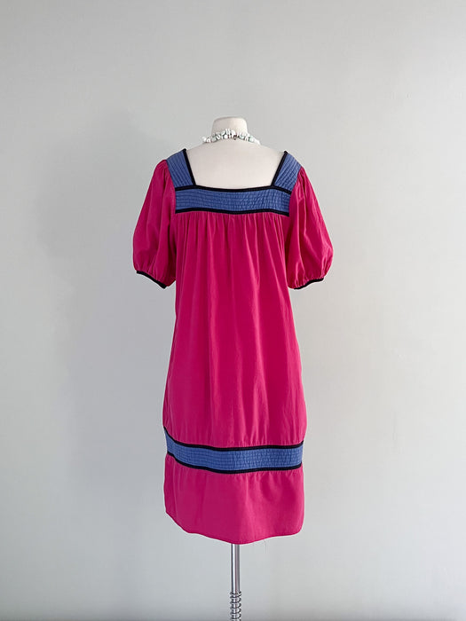Bold 1970's Fuchsia Cotton Day Dress  / Sz M/L