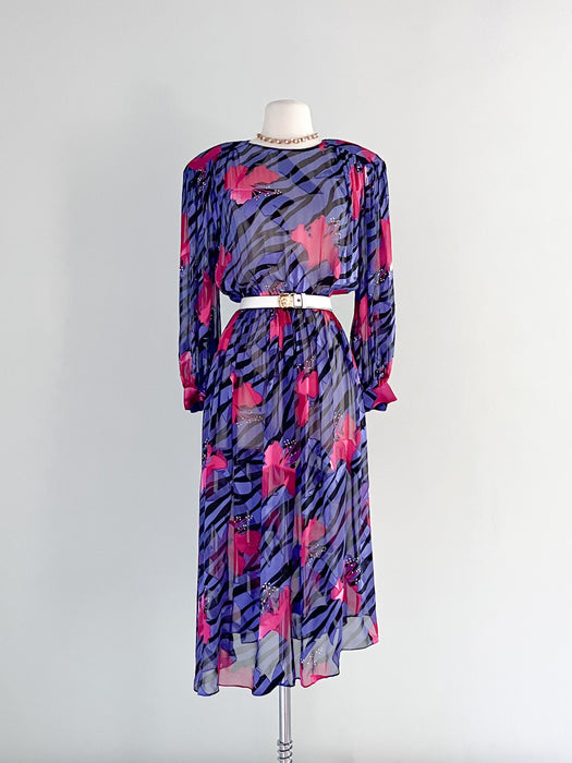 Fabulous Fuchsia & Purple 1980's Sheer Silk Party Dress / Sz Large