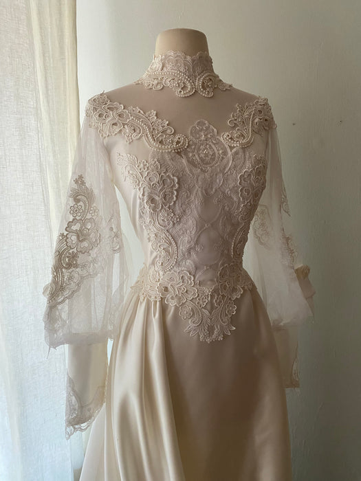 alfred angelo long sleeve wedding dresses Alfred Angelo Vintage 80s White Lace High Neck Long Sleeve Wedding Dress sz 6