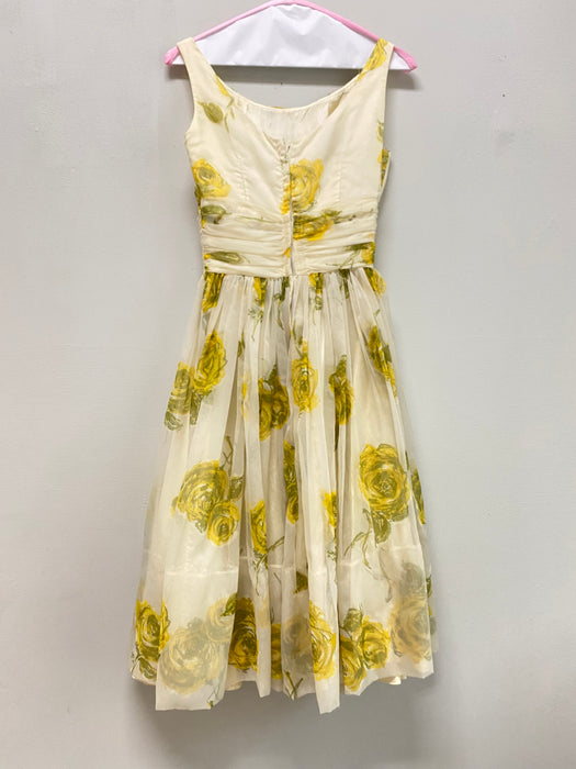 1950's Yellow Rose Chiffon Party Dress / XS
