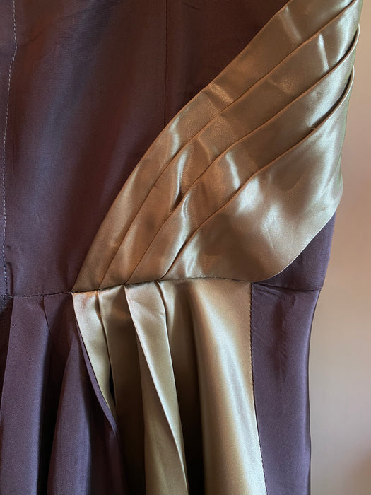 Elegant 1950's Aubergine Evening Gown With Antique Gold Satin Accents / SM
