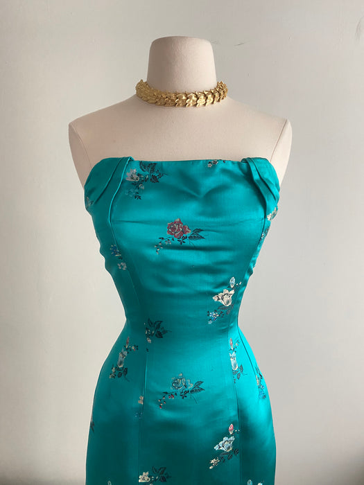 Vintage 1950's Chinese Silk Strapless Cocktail Dress / Small