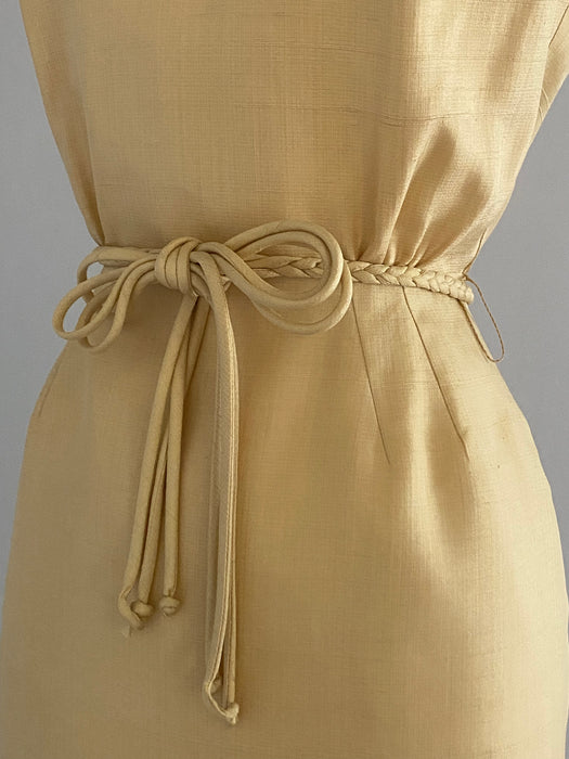 Vintage 1960's Chardonnay Silk Dress With Braided Belt / Small