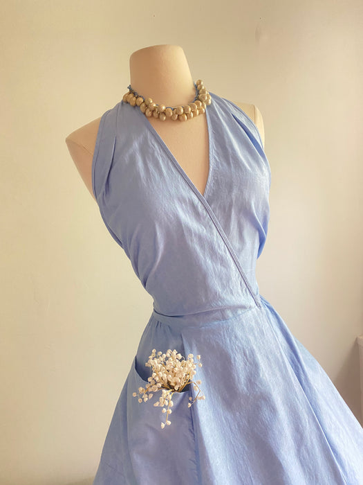 Late 1940's French Blue Cotton Halter Dress By Paulette Originals / Large