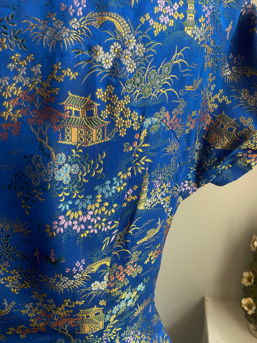 Stunning 1950's Sapphire Blue Chinese Silk Cocktail Dress / Small