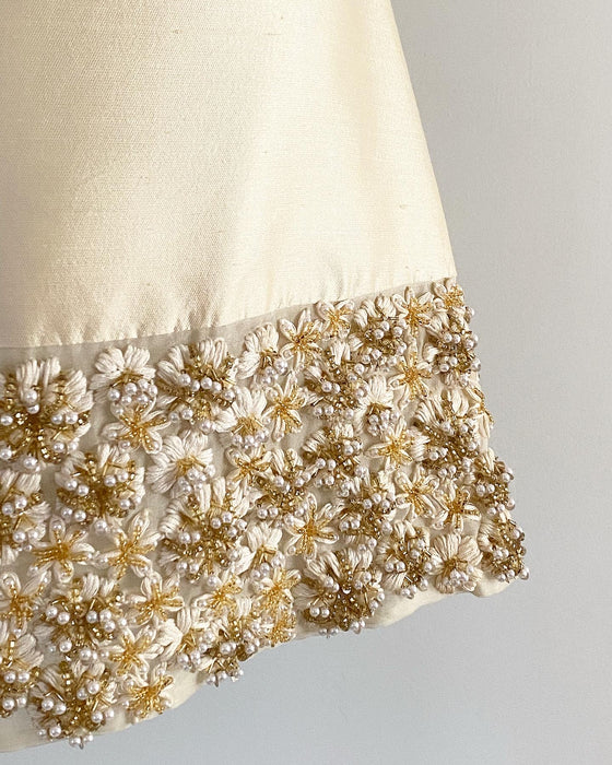 Exquisite 1960's Shantung Silk Cocktail Shift With Beading / Medium
