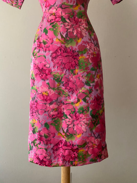 Luxurious 1960's Pink Floral Silk Brocade Couture Cocktail Dress / Medium