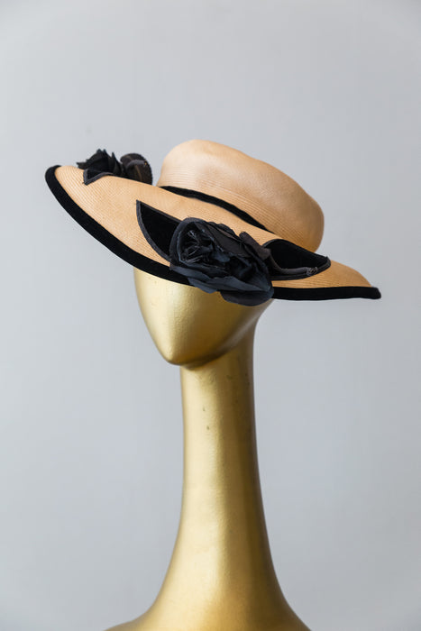 Fabulous 1950's Straw Cartwheel Hat With Black Velvet Trim and Flowers by Sonni