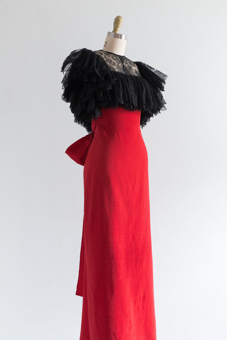 Rare 1930's Eisenberg & Sons Irma Kirby Red Silk Faille Evening Dress With Chantilly  Lace