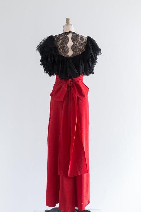 Rare 1930's Eisenberg & Sons Irma Kirby Red Silk Faille Evening Dress With Chantilly  Lace