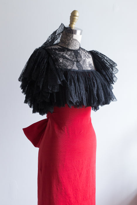 Rare 1930's Eisenberg & Sons Irma Kirby Red Silk Faille Evening Dress With Chantilly  Lace