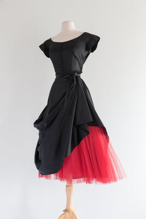Spectacular 1950's Peggy Hunt Cocktail Dress With Red Tulle Skirt / Waist 28