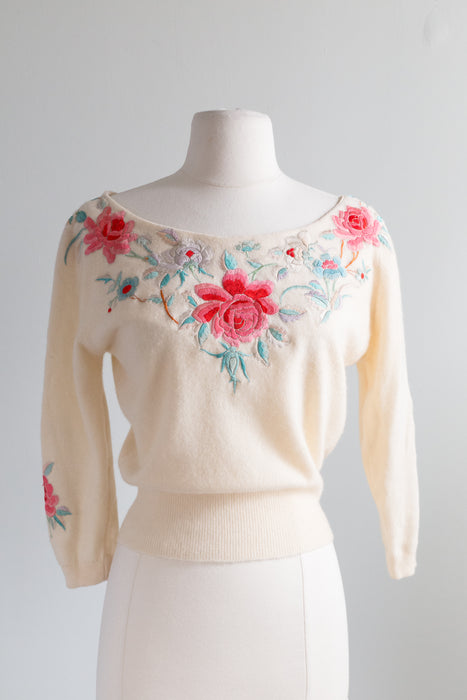 Exquisite 1950's Hand Embroidered Cashmere Scoop Neck Sweater Bullocks Wilshire / Medium