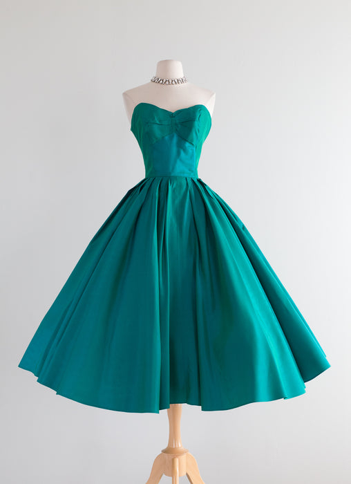 Spectacular 1950's Peacock Green Iridescent Strapless Party Dress With Jacket / Waist 27