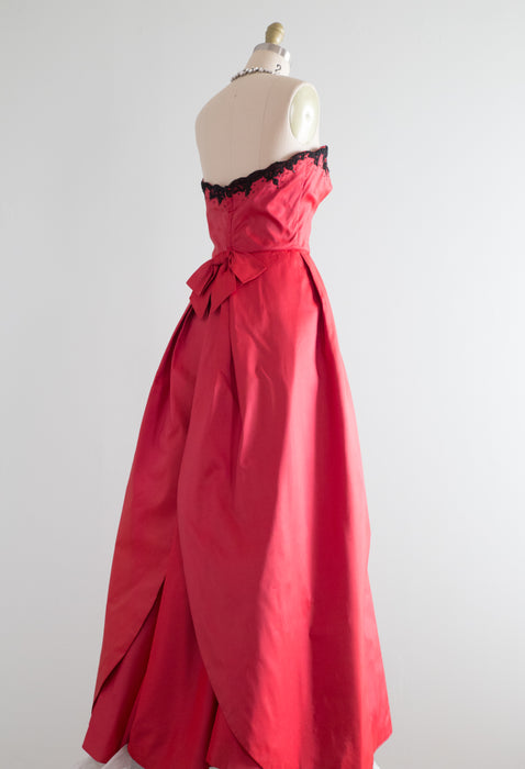 SALE Stunning 1950's Crimson Silk Couture Ball Gown With Black Lace Trim / Waist 25"