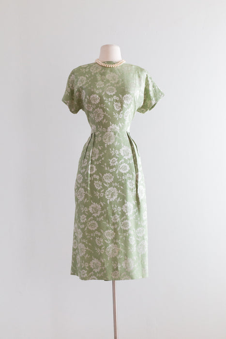 1950s Sage Green Floral Print Brocade Cocktail Dress With Dramatic Back / Waist 28