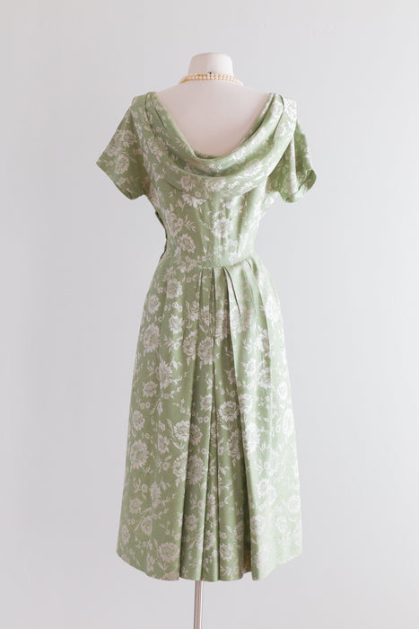 1950s Sage Green Floral Print Brocade Cocktail Dress With Dramatic Back / Waist 28