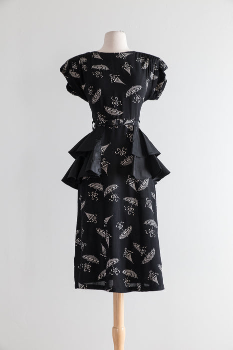 1940's Umbrella Print Black Rayon Cocktail Dress With Taffeta Peplum / Waist 27"