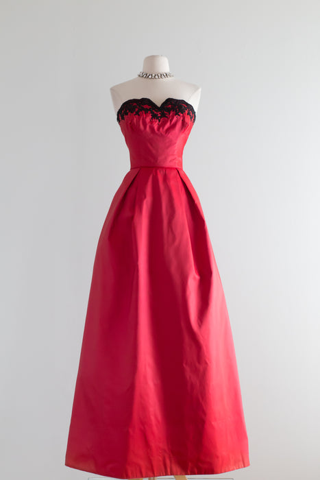 SALE Stunning 1950's Crimson Silk Couture Ball Gown With Black Lace Trim / Waist 25"