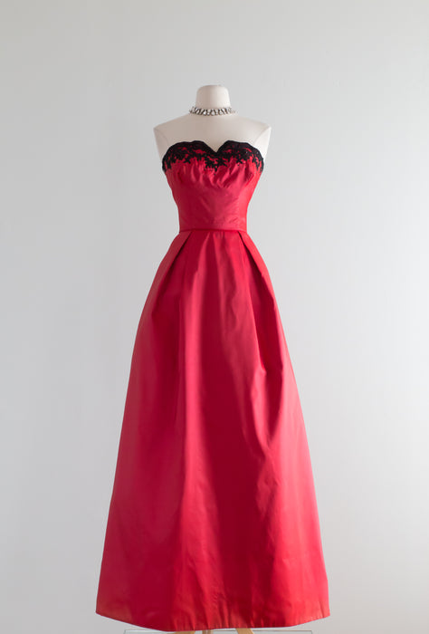 SALE Stunning 1950's Crimson Silk Couture Ball Gown With Black Lace Trim / Waist 25"