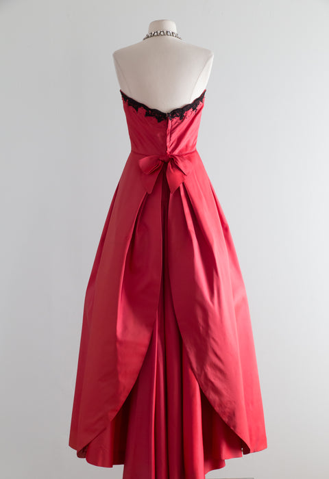 SALE Stunning 1950's Crimson Silk Couture Ball Gown With Black Lace Trim / Waist 25"